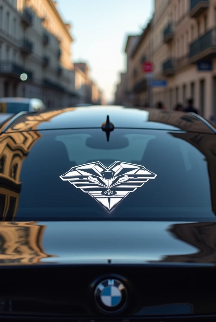 Rear windshield of a car with a decorative sticker attached to it in a single white tint