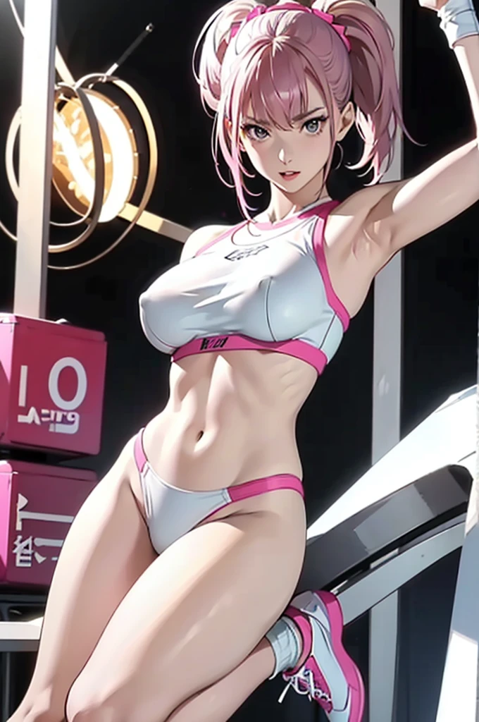 An ultra-detailed full-body illustration, style of 1980s Japanese comics, 8k resolutions, 1girl, solo, Sharp Focus, slender leg, Characterize by alluring, The character has striking pink hair, Perfect Figure with pale skin and a slender physique. She is training intensely in a boxing ring, wearing retro athletic gear, including white mesh crop-top with no bra, white sheer t-back bikini with no pant, black open-finger boxing gloves, and sneakers, Bra comes off, , highlight breast,ody. The scene is vibrant with retro colors and dynamic lines, capturing the intensity of her workout while blending a sporty, fashionable, and retro aesthetic.