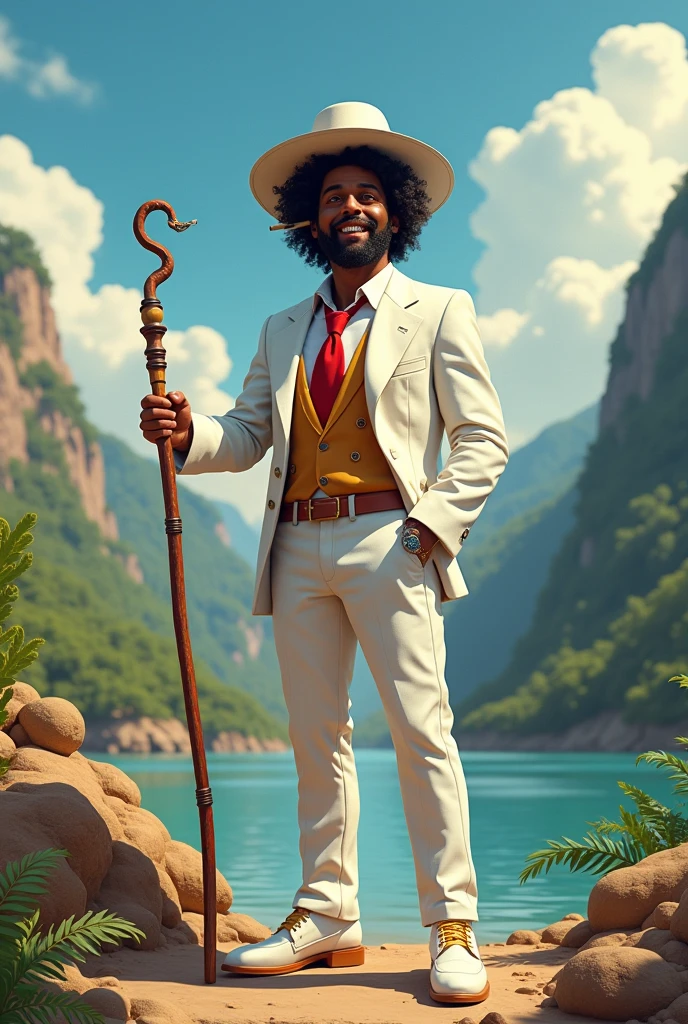 northeast backlands brazil brazil riverside,
Zé Pilintra an ancestor, represented as a Brazilian man, blacksad, Cao Cao, brawny, seducer, afro hair, happy and smiling, what a samba and charm, rogue and bohemian. Vestido chic com um chapéu branco, smoking cigar with head down, white suit, white shirt and red tie aligned, chic, white dress shoes and holding an umbanda candomblé cane