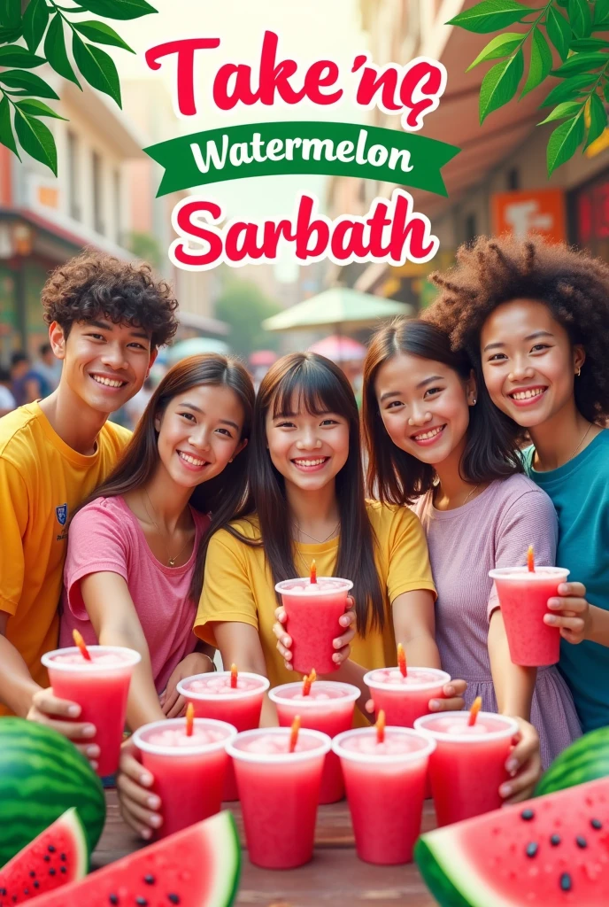 poster of students selling water melon sarbath by a quote "Refresh Your Day with Watermelon Bliss!"