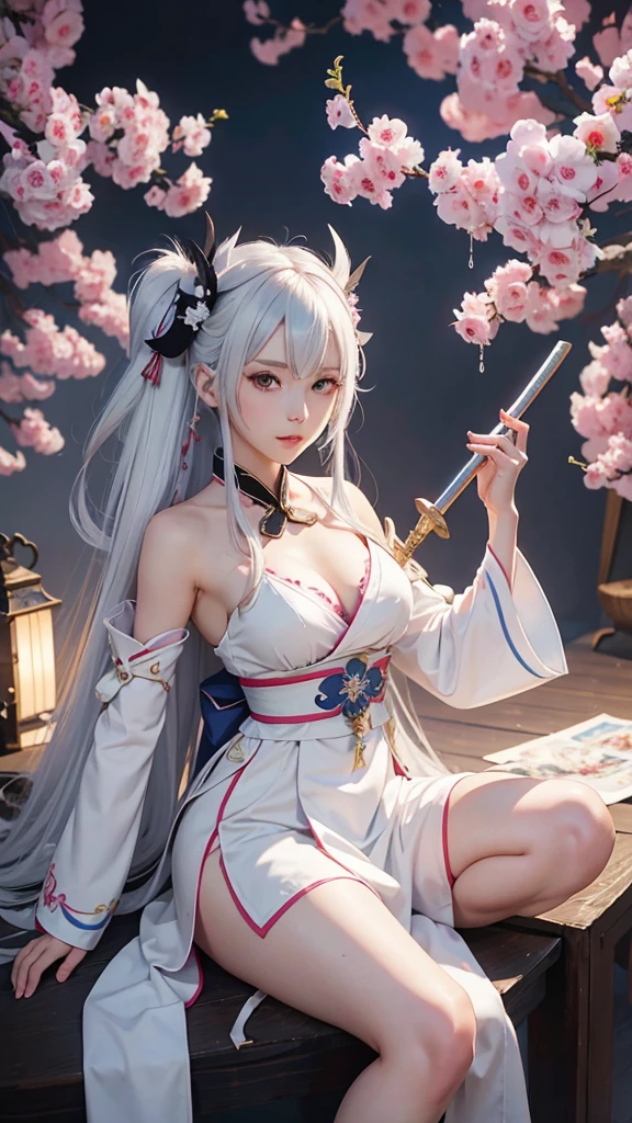 cute  Anime girl with white hair and a pink dress holding two swords, Onmyoji portrait, onmyoji, The Detailed Art of the Onmyoji, Ayaka Genshin Impact, Azur Lane Style, Azur Lane Characters, Ayaka Games Genshin Impact, Katana Zero video game characters, From the Azur Lane video game, mika kurai demon, Official artwork