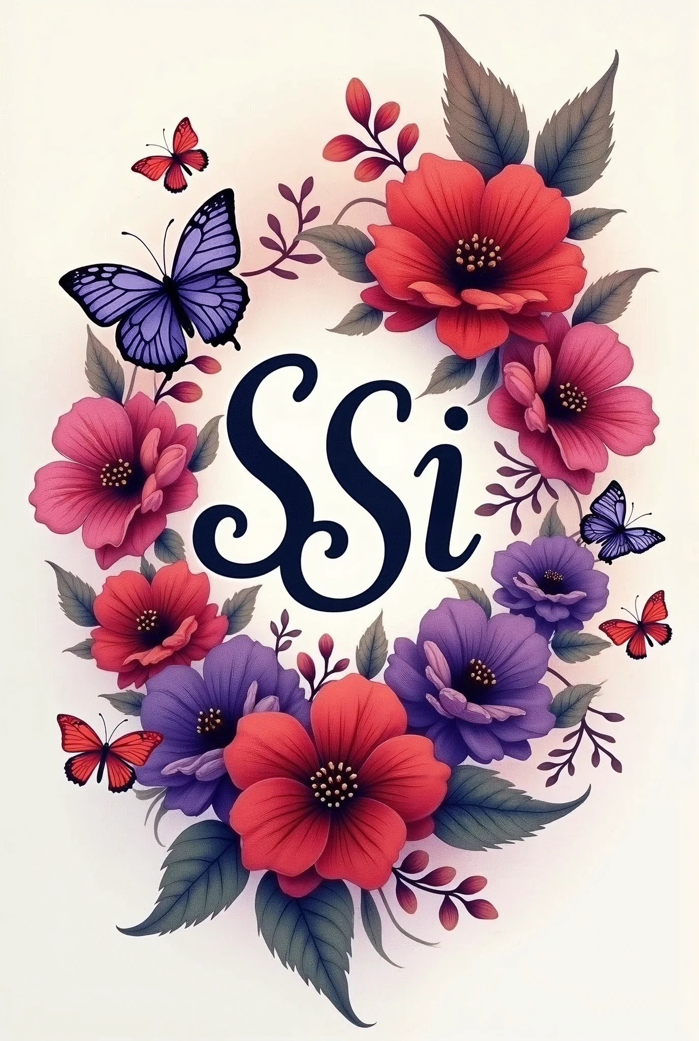 I want you to make a tattoo design with the letters SSI in cursive surrounded by red and purple flowers and red and purple butterflies that looks really nice but that the letters look really pretty and are understandable if anything like that but the flower design is like the previous one.