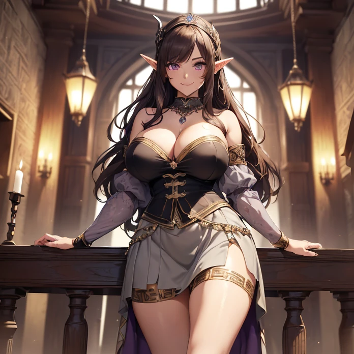(absurdres, Masterpiece, best high quality image, carefuly detailed features and textures, very detailed image, no deformity, good anatomy, full character view and design): {{(900 years old elf noble mature beautiful milf princess:,(dark-brown short-messy-hair with ahoge, fair skin, purple eyes, brown eyebrows, absolute feminine elder beauty, beautiful and sexy features, huge breasts, tall voluptuous body, beautiful arms, beautiful legs, short pointy ears, beautiful hips),(she wears: purple gathered skirt, grey wrap top, grey long arm sleeves, grey gloves, red jewell necklace),(she has: cheerful smile, cheerful face, cheerful expression, happy personality, toying and playful demeanor, confident pose, friendly), (she is: walking dannish viking castle interior hall)}}