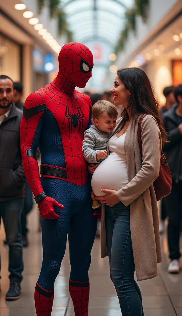 Spiderman wife pregnant full family is being watched by people in shopping mall