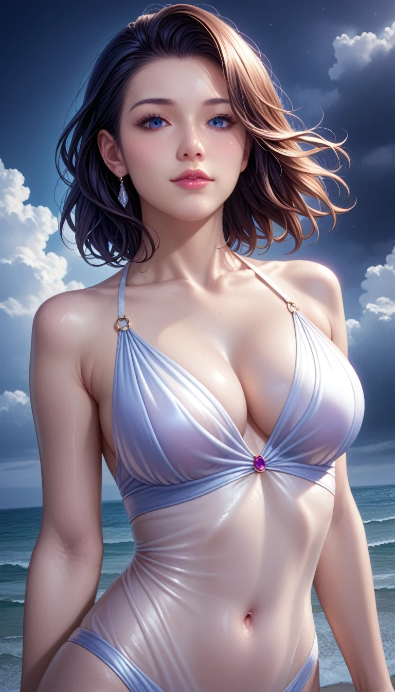 score_9, score_8_superior, score_7_superior, High resolution 3D anime style,A masterpiece in 32K resolution,Highest quality,it is really amazing,Very detailed,Ultra-high resolution,Ultra-realistic,Realistic,Increased depth of field,Cinematic lighting,
Elegant mature Japanese woman,
black straight medium hair,Ultra-detailed and beautiful face,Calm and gentle look,Translucent white skin,Realistic skin texture,Great proportions,
Elegant swimwear,
Summery design,Chic color scheme,Beautiful and delicate decoration,Detailed fabric texture,
Overcast night sky,Dark Clouds,Thundercloud,Coastline at night,Stormy seas,delay々A desolate sandy beach that continues,
Cinematic Angle,