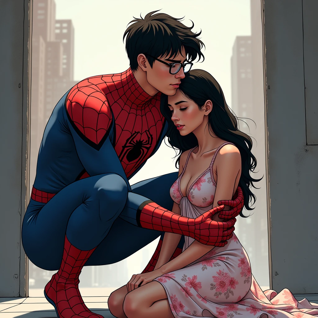 marvel art style, a 20-year-old male with dark fadeout hair and glasses, wearing spider superhero outfit, big bulge , he's sat down on a couch. there’s a female in a floral dress lying on his lap