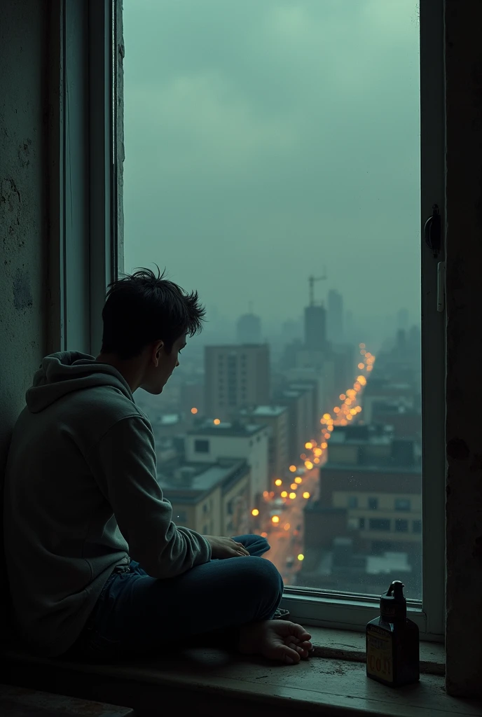a small apartment overlooking a beautiful city. The city started to get polluted. The sky is dark