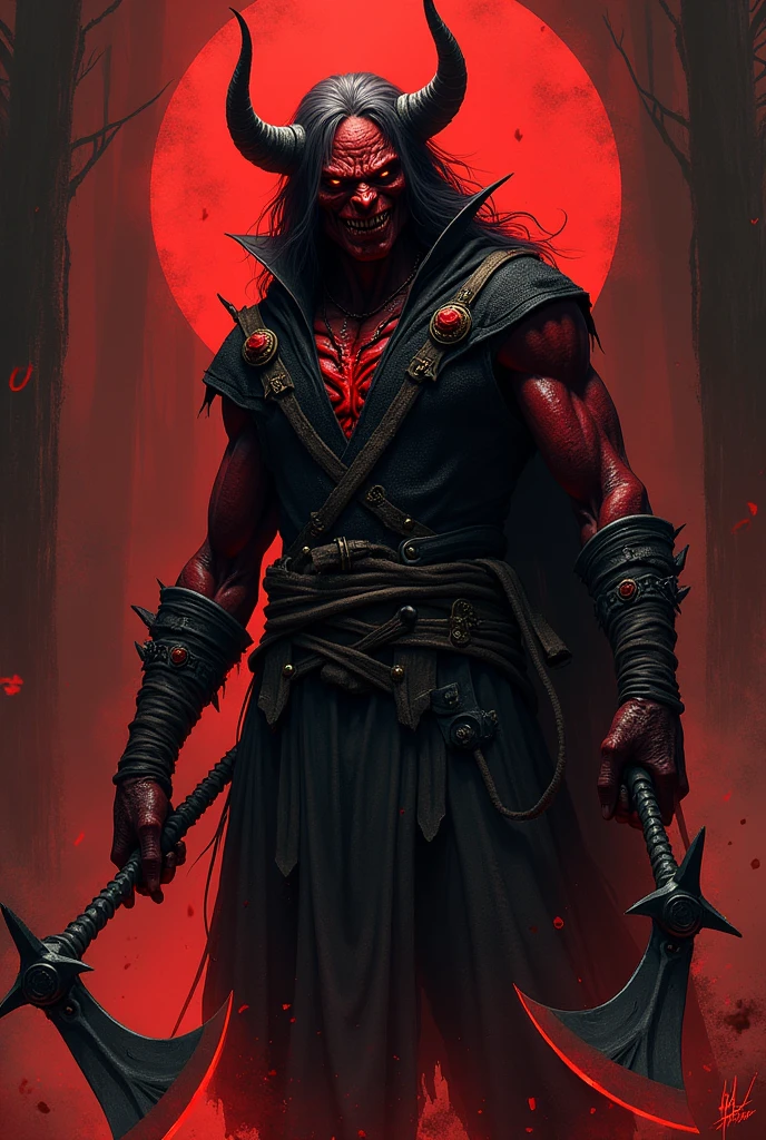 demon human, in hunter's clothing with red and black tones, holding two sickles in each hand