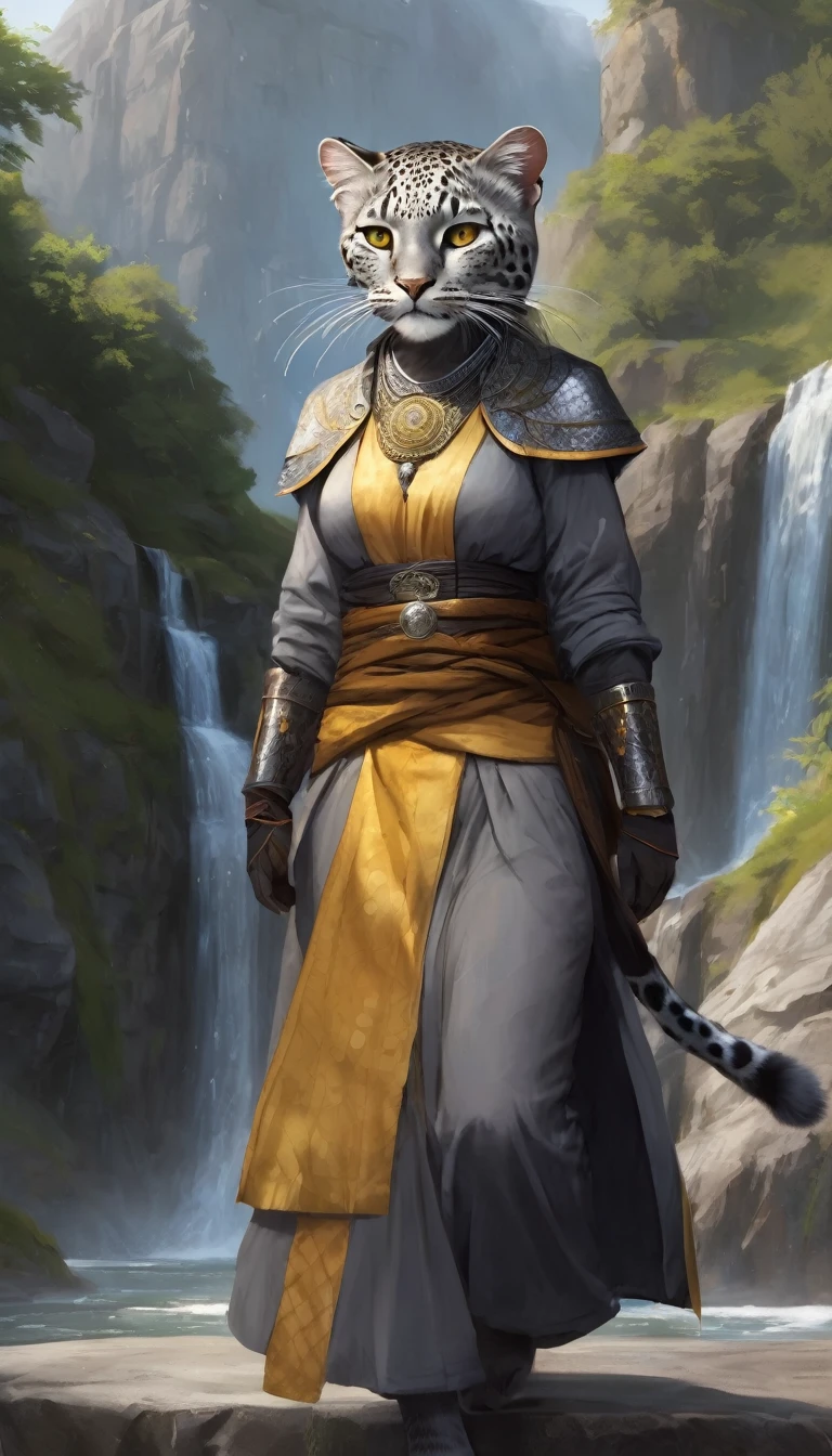 1girl, furry, solo, slim, yellow eyes, short fur, grey fur, grey hair, gray fur, confident, big smile, cleric, simple  clothes, teenager, modest, tabaxi, khajiit, 17 year old, grey leopard, spotted grey fur, full-length, round medallion with a picture a waterfall