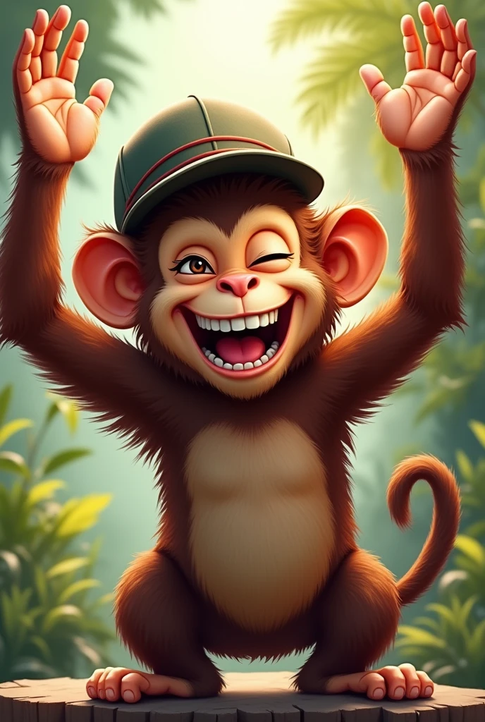 Monkey with cap , hands raised in the sign of redemption, smiling and winking