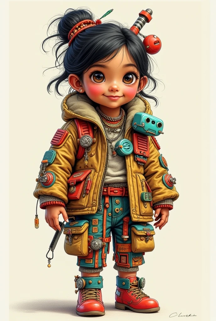 A fancy dress outfit made from old toys A playful outfit worn by a child with indigenous features and dark hair cannot have a carnival reference Sketch art 