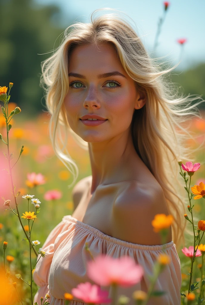 A 25 year old woman, with Nordic strokes, blue colored eyes, striking and welcoming appearance in an open field with flowers blowing in the lush wind, wearing light clothing, drop, fresh, with a close-up capturing the harmonious beauty between her beauty and the natural flowers, showing off your natural charm and outgoing personality. The image must be in hyper realistic 8k