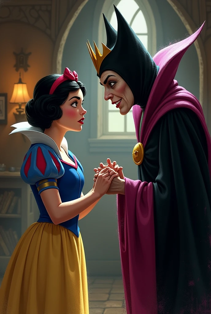 Snow White and the Evil Queen enjoying themselves in the Seven Dwarfs' Cottage with an evil face