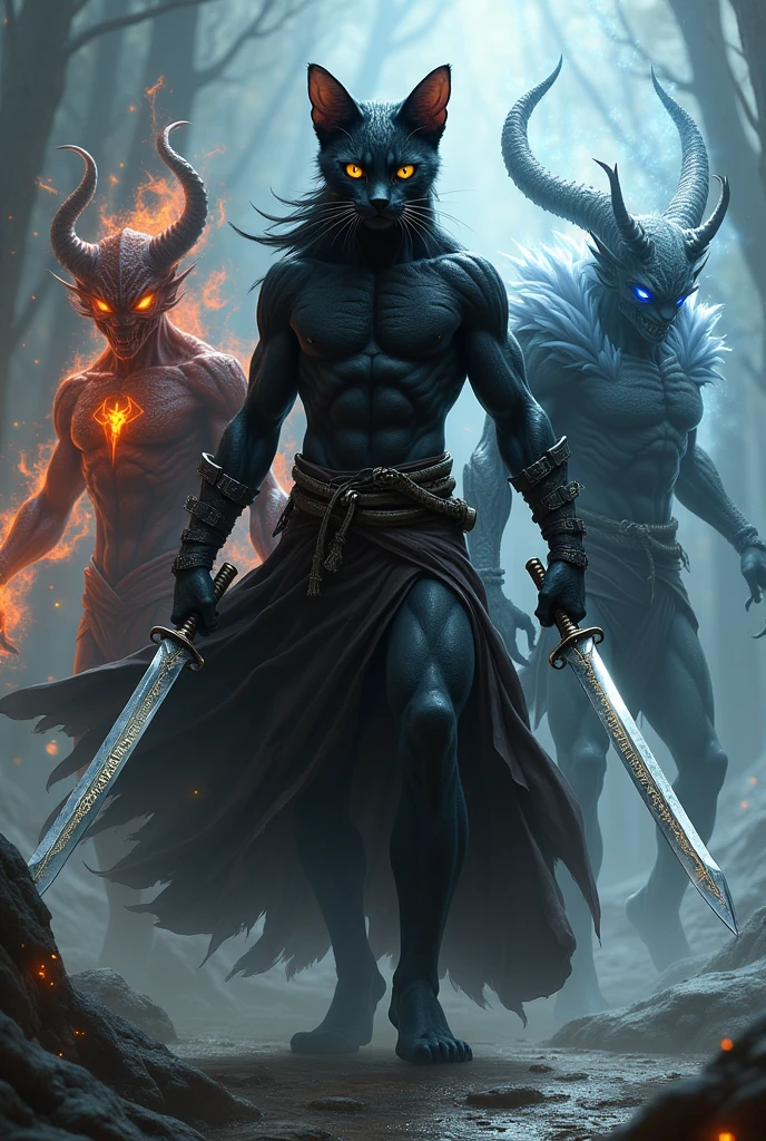 A 28 year old black cat man who uses 2 katanas with 2 demons, one of fire and the other of ice
