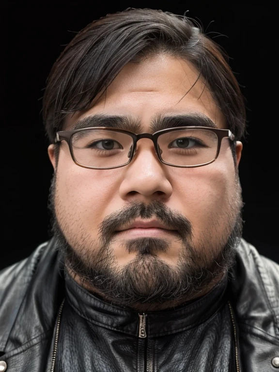 (Yossan), beard, Glasses, obesity, Black Leather Jacket, simple, Minimal, The texture of the jacket, Black background, focus, Cowboy Shot