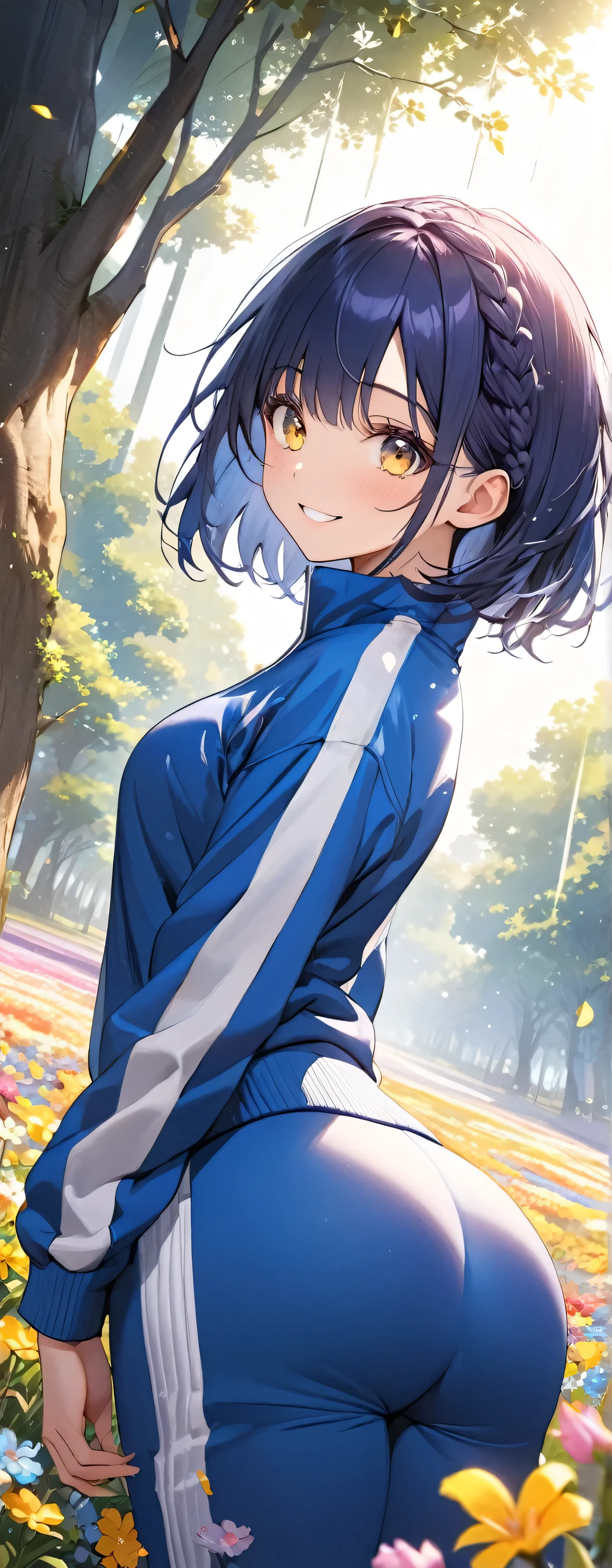 masterpiece, Highest quality, Ultra-high resolution, (beautiful girl: 1.3), (Crown braid&Straight hair&short hair),Indigo Hair,Highly detailed eyes,Yellow and black eyes,Looks about 、 (Blue sweatpants:1.3), (The jacket is a blue track jacket.....: 1.3),Flower Field,((Focus on the very big things, Round and beautifully shaped butt)),fine,Big smile,I have flowers,sunlight through trees,slant eyes,(((the world turns upside down)))