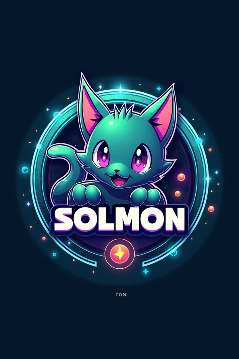 Design a circular logo for 'SOLMON - Solana Monsters' that reflects a fusion of modern, playful aesthetics with the essence of elemental-themed creatures, similar to the Pokémon style. The logo should feature a central emblem, such as a stylized  cat monster animal or creature that represents the 'Solana' theme, using a vibrant color palette of blues, greens, and purples with glowing accents. The creature should have distinct characteristics that align with an elemental type (e.g., fire, water, earth), and be rendered in a way that captures both the power and cuteness of the design. Surround the emblem with a circular border that incorporates subtle textures or gradients reminiscent of digital or cosmic elements. The text 'SOLMON' should be prominently displayed within the circular design, using bold, rounded typography that feels both friendly and adventurous. Integrate elements like small digital sparks, stars, or waves around the text and emblem to give the logo an otherworldly, magical vibe. Ensure the overall design is clean, balanced, and visually striking, making it easily recognizable and suitable for branding purposes.