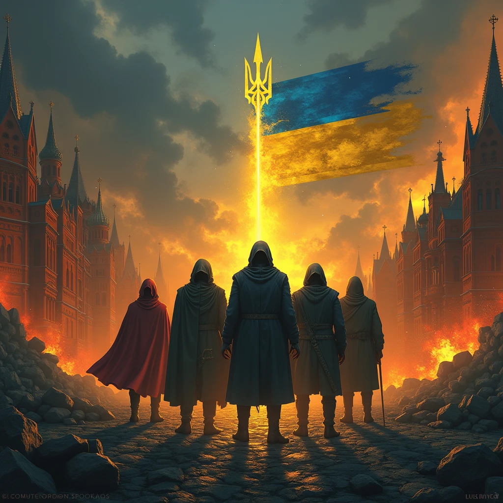 Apocalypse, four heroes, burning ruins above the Burning Ruins of the Moscow Kremlin and Red Square at the bottom of the picture, and above in the sky is a shining Ukrainian trident and a blue-yellow flag, in the style of Luis Royo