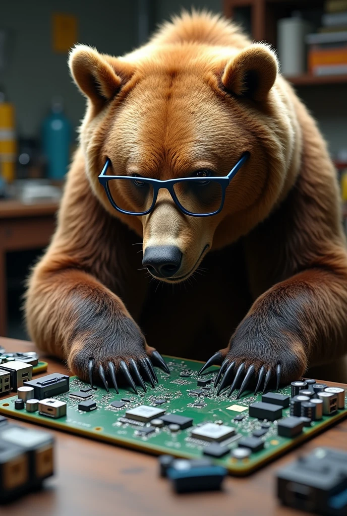 A brown bear wearing glasses is sitting and fixing a motherboard.