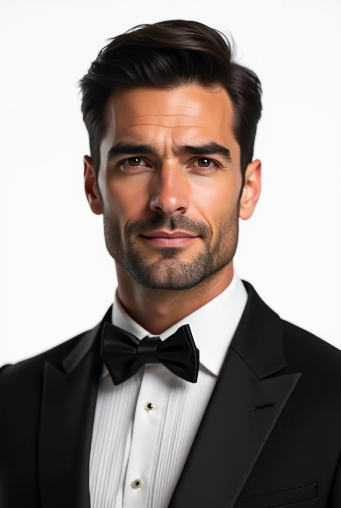 black tie headshot, dark brunette 30s, man, realistic, headshot in front of camera, white background