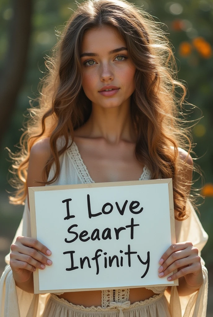 Beautiful girl with wavy long hair, bohemian dress, holding a white board with text "I Love Seaart Infinity" and showing it to the viewer