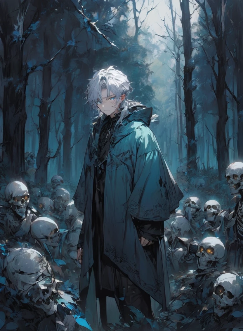 young man ,Male Dark, dark Woods, cold colors, man white hair with blue eye, Warlock dnd , Skeleton army in background, calm face expression