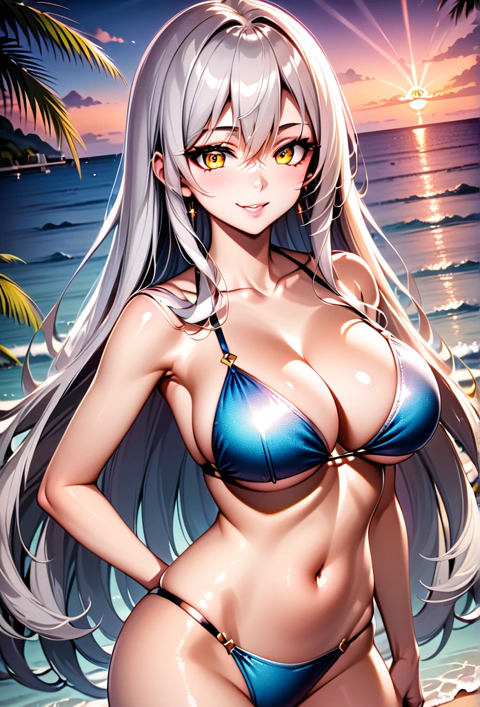 1 girl, golden ship \(Uma Musume\), Uma Musume, silver hair, (safe:1.5), (masterpiece:1.2),(Best Quality:1.2),The newest one, generated by AI, intricate details, (pixiv:1.3), (bishoujo:1.2), beautiful face, Perfect skin, very complex face, Extremely detailed CG unity 8k wallpaper, (Generated AI), (Realism), art station hd, slim figure, particle effects, busty, pretty eyes, (adolescent:1.2), blarky ( Beautiful caucasian woman, very long hair, (platinum white hair:1.4), hair between the eyes, (yellow eyes:1.3), White skin, (big breasts), Highlight the eyes, (age 16 years:1.3), tall woman, expressive face, attractive appearance, attractive face, perfect body), (eyeliner:1.0), BREAK (thin-stringed bikini:1.2), (clavicle), (beautiful night sky:1.1), (Sunset, Sunset glow:1.1), sunlight, sparkling, (head to thigh:1.2), ( smile ), messy hair, ultra detailed, illustrations, (Conceptual art:1.1), (looking at the viewer:1.1), (limited tone:1.05), (4k wallpaper:1.05), (cinematic light:1.1), (beautiful detailed eyes:1.2), (all intricate:1.05), (Light rays:1.1), cowboy shot, Chapped lips, charming smile, (seductive position:1.2), (from back:1.2)