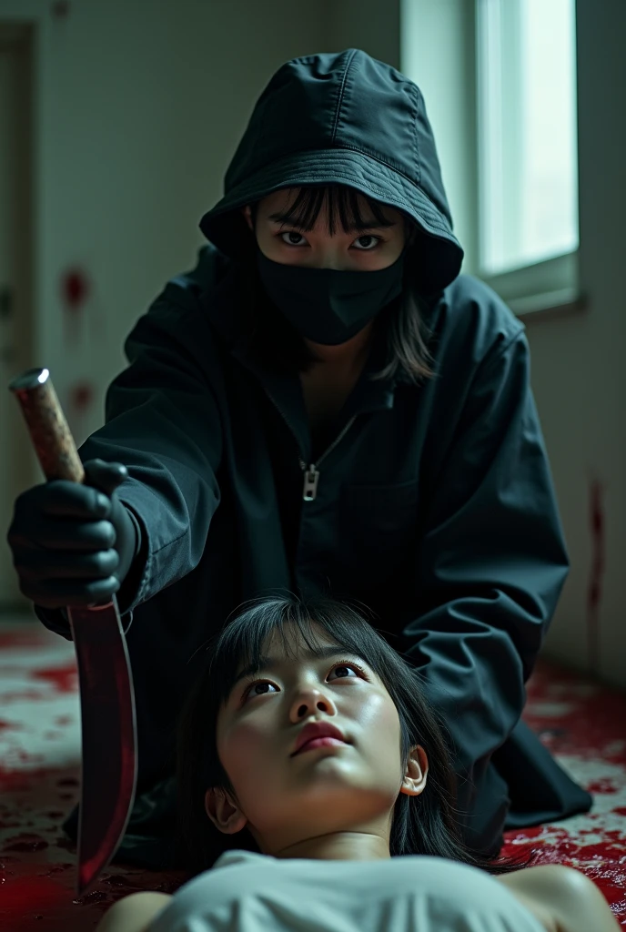 multiple korean girl, (behind multiple corpse, holding knife), black surgical mask, black gloves, room full of blood, black raincoat, bucket hat, looking at viewer, holding knife, black gloves, woman on top, behind multiple corpse, blood splatter, on the bed, mass murderer, killer, long bangs, blood splatter, dark atmosphere, cinematic lighting, atmospheric realistic, light from the window, close-up,

