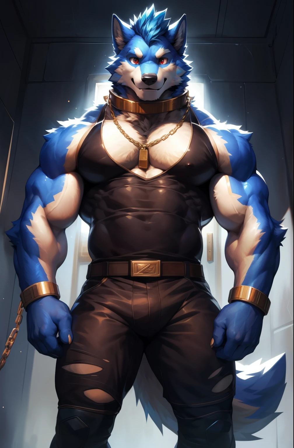 solo,anthro,furry,furry male, Wolf, ((fluffy fur,fluffy,furry body)), (Blue fur, ancient Wolf print), (blue body), night, dark room, Blue mohawk, red eyes, (bright red eyes) short messy hair, standing over you, looking down, thick thighs, flexing biceps, tail, blue hair, sky blue eyes, detailed fluffy fur, wearing revealing armor, knight armor, chain on neck, arms shackled, shackles on wrists, standing, heavy shadows, chains on wall, wearing shackles, cell door, starry sky, detailed face, detailed eyes, dark blue torn shorts, Gold trimming, gold trim, torn black tank top, crest, string necklace, crystal, blue pendant, detailed clothes, shirt, detailed bodysuit, tight shorts, torn shorts, metal collar, gold straps, white muzzle, full body, muscular, fantasy indoors, jail cell, (by null-ghost, by racoon21, by canyne khai, masterpiece, high quality,hi-res,8k had), standing,close-view portrait, looking at viewer, indoor, smiling expression, dark shadows,

