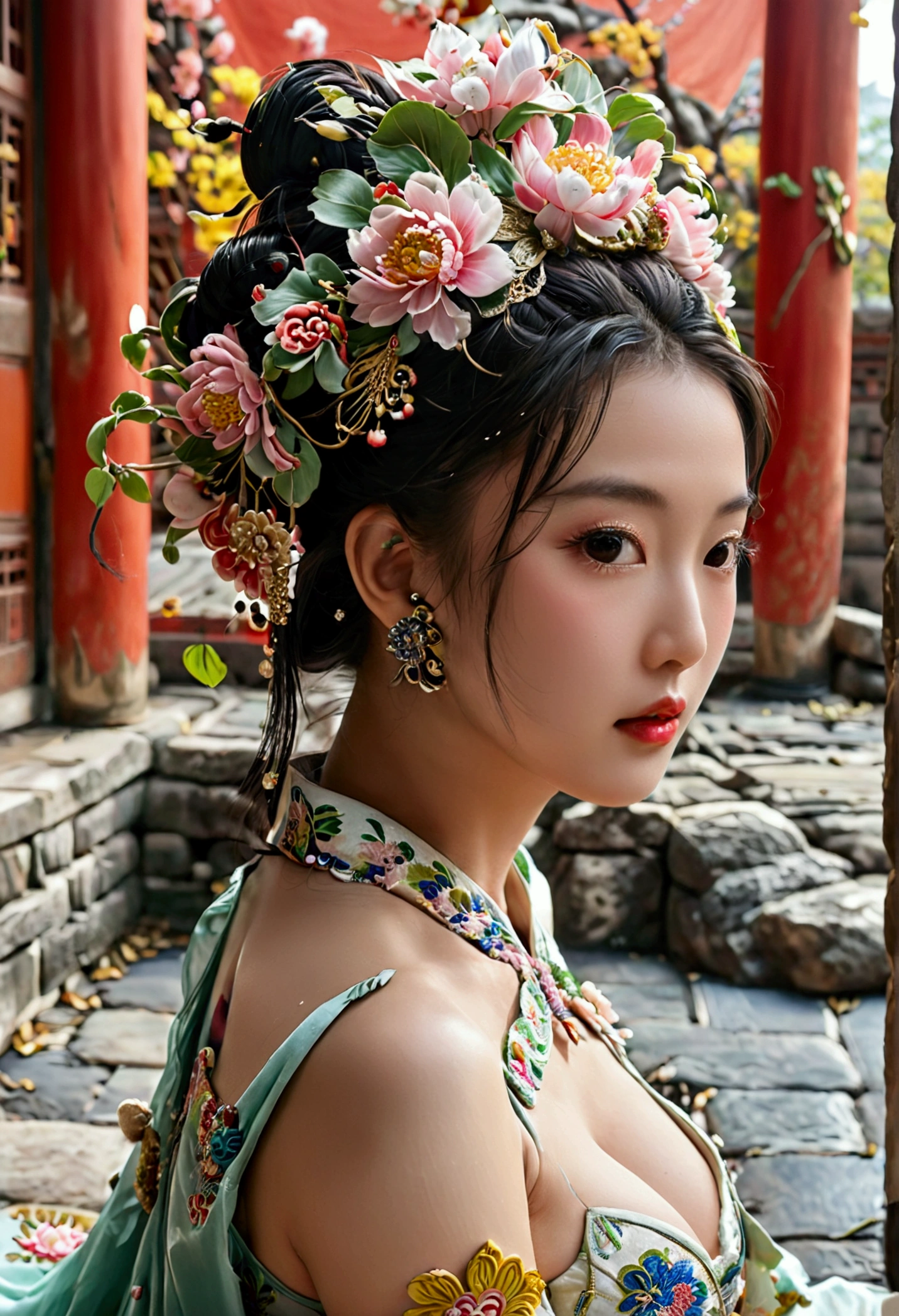 A woman seen from the front, bent over on the ground facing forward, legs spread apart, busty and naked, wearing a crown and showing her thighs and feet from below, in the Chinese imperial court of the Qing dynasty.。She is completely naked, showing off her gorgeous large flowers and hairpins, her hair tied up and pulled up, and the background is the stone paving of the Chinese palace of the Qing Dynasty.