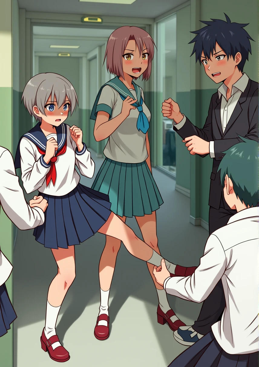 (Very detailed CG ユニティ 8k 壁紙, masterpiece, Highest quality, Very detailed), (Best lighting, Best Shadow, Very delicate and beautiful), Cool, dynamic, Original girl character (dynamic pose) Silver (Pixie Cut Hair: 1.3) A high school girl wearing a sailor uniform that reflects the light beautifully、This is a scene where a male student in a classmate&#39;s uniform is lifting up her skirt.。The high school girl is wearing a white blouse and a navy blue sailor uniform.、She is desperately holding down her navy blue pleated skirt.。her face turns red、He glares at the male student with a look of anger and embarrassment.。She leaned forward.、Hold the skirt down with your thighs、Desperately trying to prevent it from being flipped over。 The male students are wearing school uniforms、White shirt and tie、And he&#39;s wearing black pants。He&#39;s full of mischief、Grabbing a high school girl&#39;s skirt with his hand、I&#39;m trying to pull it up with force.。The male students look happy.、You can see the excitement.。 When a high school girl&#39;s skirt is lifted、The white string panties are visible、She blushes even more。She is filled with shame and anger.、I desperately hold down my skirt。A fierce battle unfolded between the two、The surrounding scenery includes the schoolyard and hallways.、It gives a glimpse into everyday school life.。 With natural light shining in、Their movements create a shadow.、It gives a realistic texture and a sense of presence.。Because it is drawn in a full-body composition、The posture and facial expression of the two、Hand movements are depicted in detail.。
