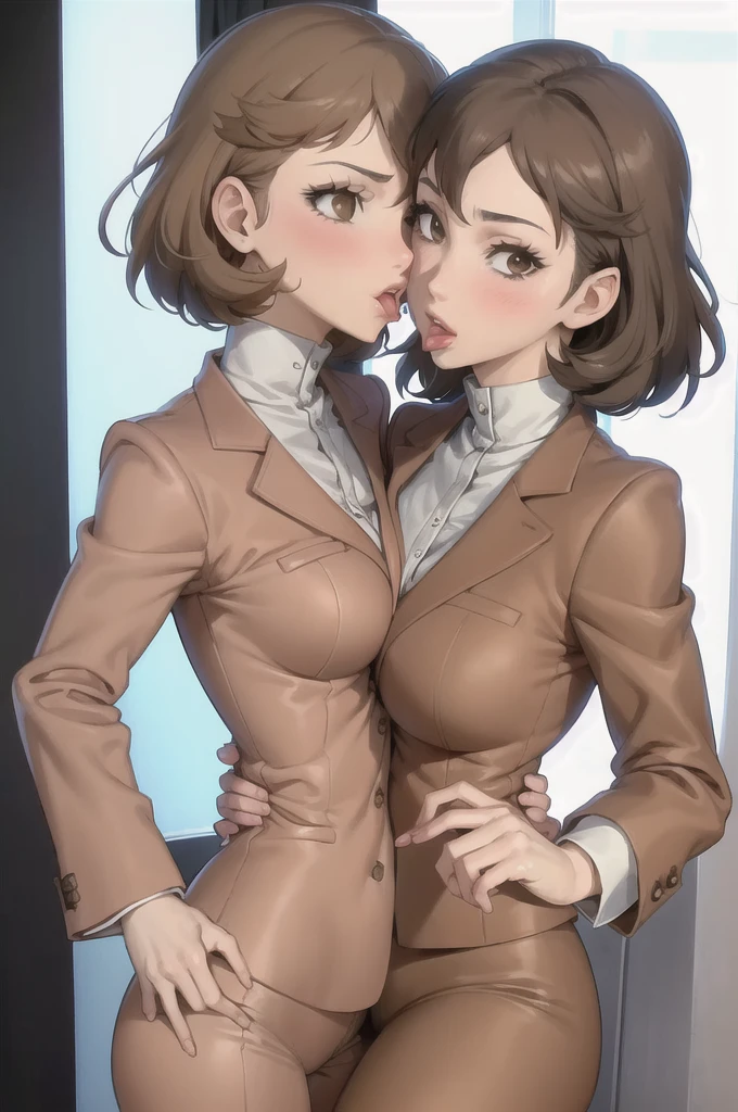 masterpiece, best quality, two heads
toriumip3, short hair, brown hair, brown eyes, jacket, pants, tongue kissing