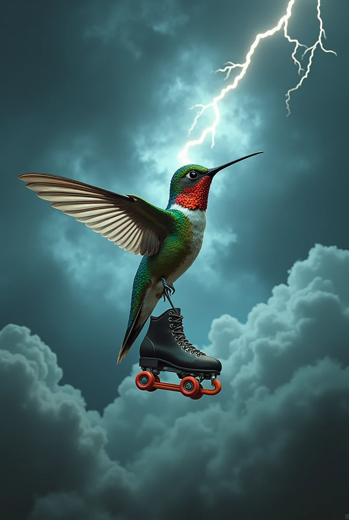 Hummingbird with its back turned on roller skates and thunder in the background