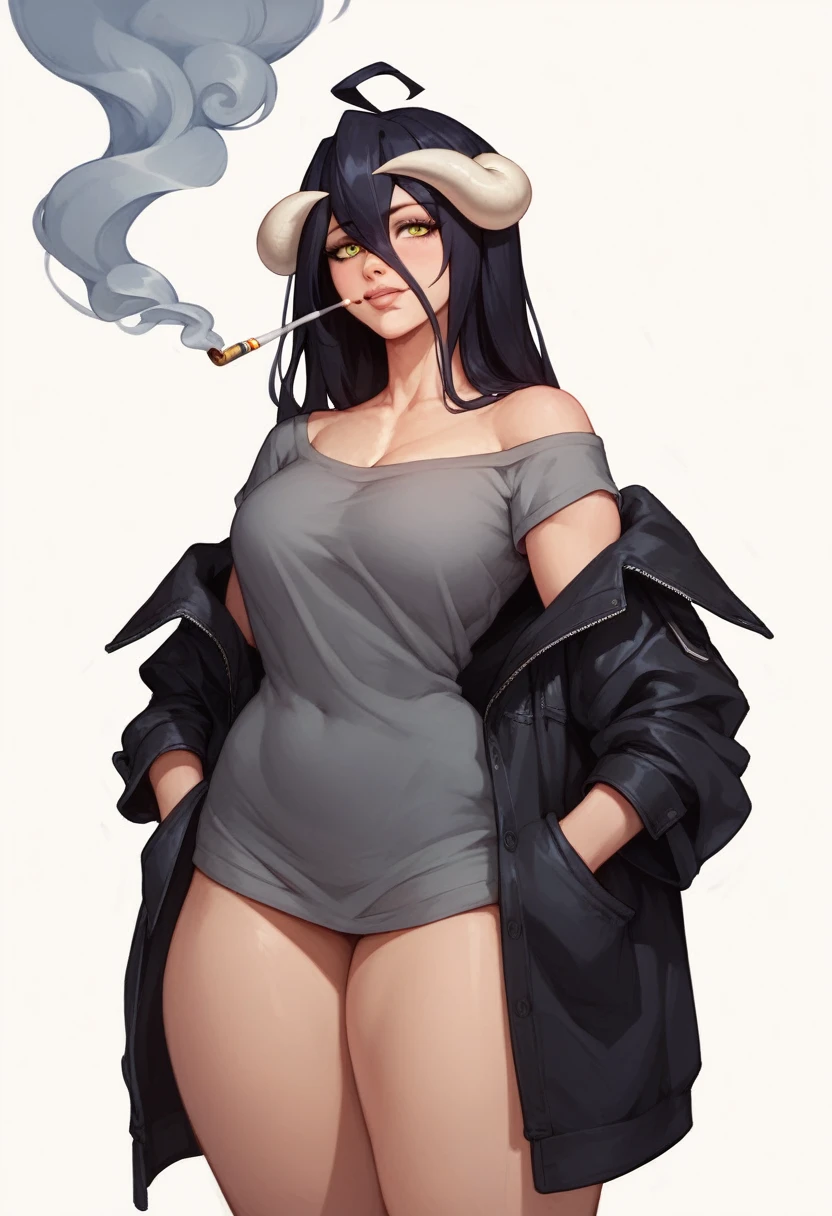albedo,black hair,curvy body, medium breast,big thighs,wears oversized black jacket,grey shirt,no pants,arms in pocket,smoking cigars,midnight setting,smooth art style, nsfw.