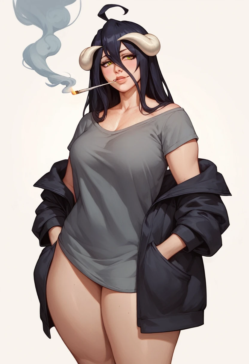 albedo,black hair,curvy body, medium breast,big thighs,wears oversized black jacket,grey shirt,no pants,arms in pocket,smoking cigars,midnight setting,smooth art style, nsfw.