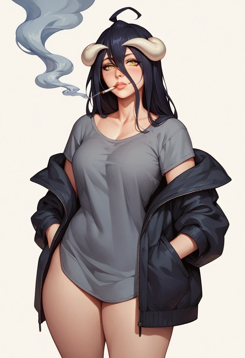 albedo,black hair,curvy body, medium breast,big thighs,wears oversized black jacket,grey shirt,no pants,arms in pocket,smoking cigars,midnight setting,smooth art style, nsfw.