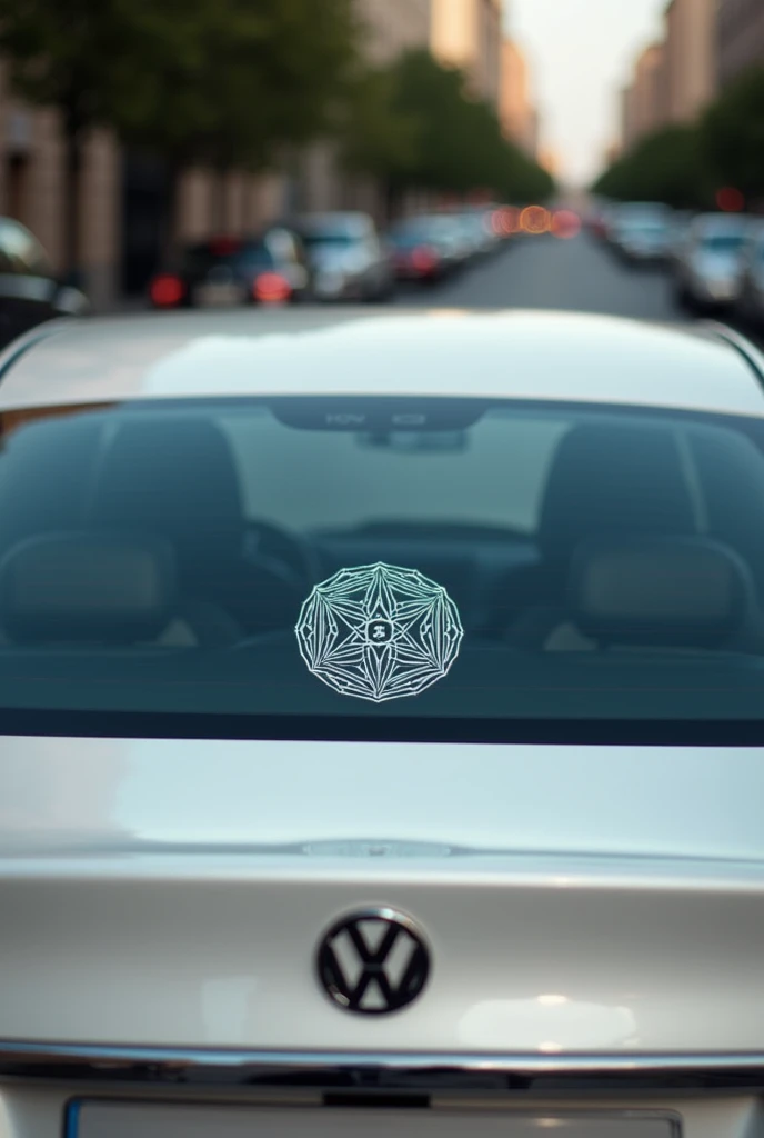 Rear windshield of a car with a circular decorative sticker attached