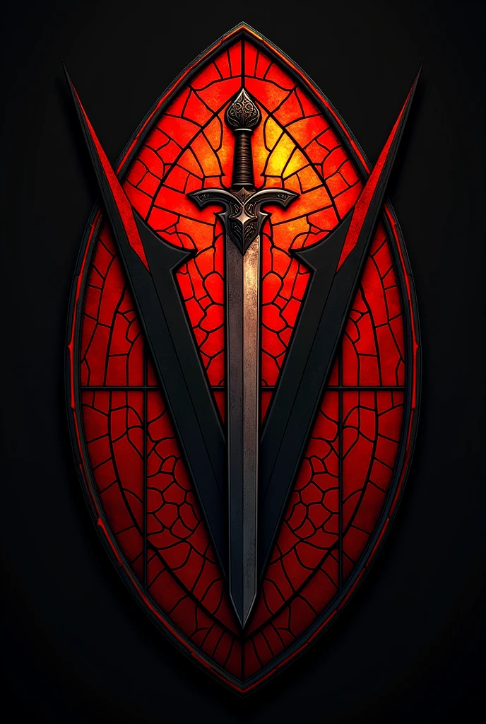 Verrières Football Club logo. One half is red, another is black. Possible variants: sword, cross, heart, book, fire. Style: stained-glass.