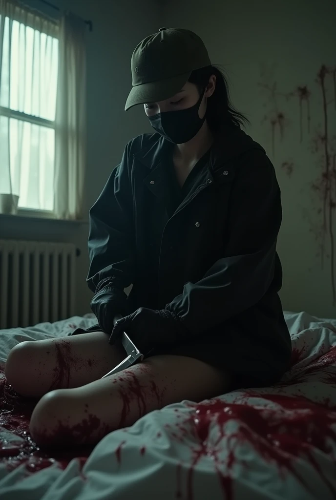 korean girl, (behind corpse, holding knife), black surgical mask, black gloves, room full of blood, black raincoat, trucker hat, holding knife, black gloves, woman on top, behind corpse, blood splatter, on the bed, mass murderer, killer, low ponytail, blood splatter, dark atmosphere, cinematic lighting, atmospheric realistic, light from the window, close-up,
