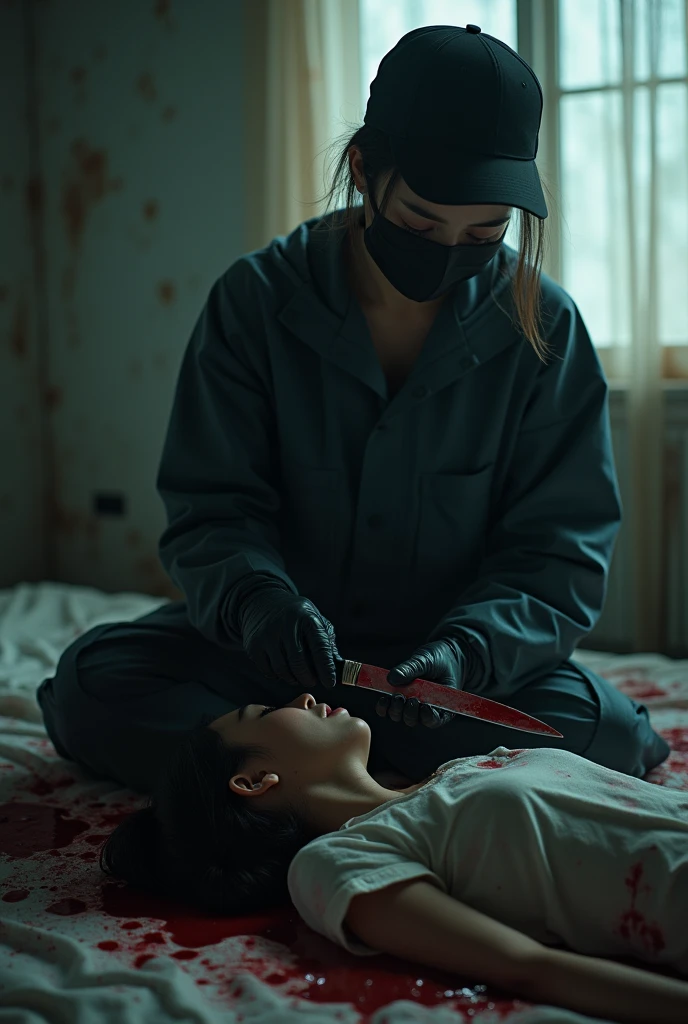 korean girl, (behind corpse, holding knife), black surgical mask, black gloves, room full of blood, black raincoat, trucker hat, holding knife, black gloves, woman on top, behind corpse, blood splatter, on the bed, mass murderer, killer, low ponytail, blood splatter, dark atmosphere, cinematic lighting, atmospheric realistic, light from the window, close-up,
