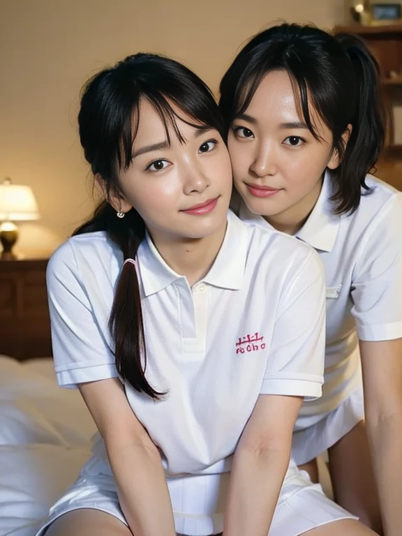 (Masterpiece, Best quality: 1.3), (Ultra realistic, Photo-realistic: 1.2), Natural light, 28 years old actress, Japanese women, Neat and clean, (White tennis uniform, White short-sleeve polo shirt:1.2), (unbutton:1.3), (White tennis skirt:1.2), white sock, (Ponytail: 1.2), (Beautiful face), Oval face, clear, Beautiful eyes, Kind eyes, Clear skin, Small face, Beautiful mouth, Small mouth, Natural makeup, Approachable, (nsfw:1.2), Seductive smile, (Seductive pose: 1.3), (Beautiful thighs: 1.1), (Bedroom eyes: 1.2), Embarrassed, Blush, Luxury hotel Suite room, On bed, Hidden camera installed in suite room captures obscene reality of girls high school, lesbian couple , 2 girls petting together, grabbing crotch, 2 girls erotic kiss,