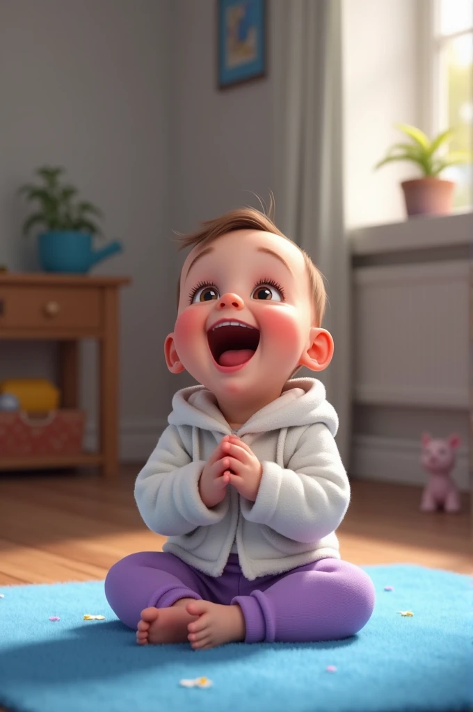 Pixar style image, There is an 8-month-old baby, sitting on a blue rug, She is wearing a white jacket and purple pants, is laughing