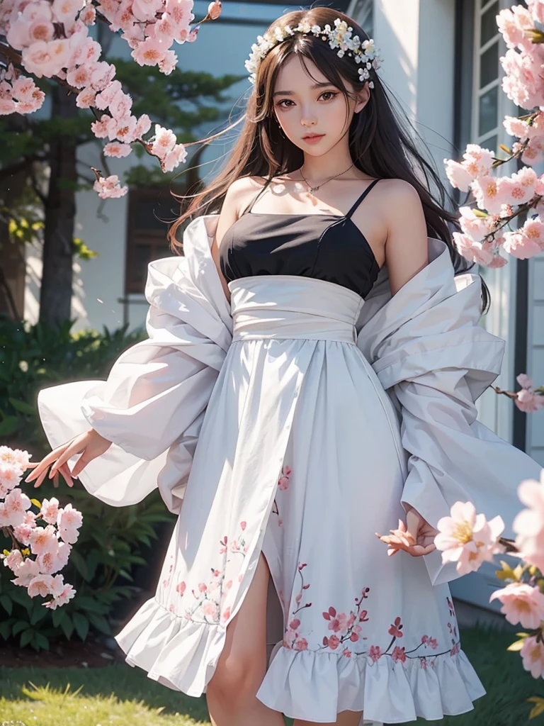 A girl character design showing her design white background with cherry flowers around her character design, watch tube show the whole body