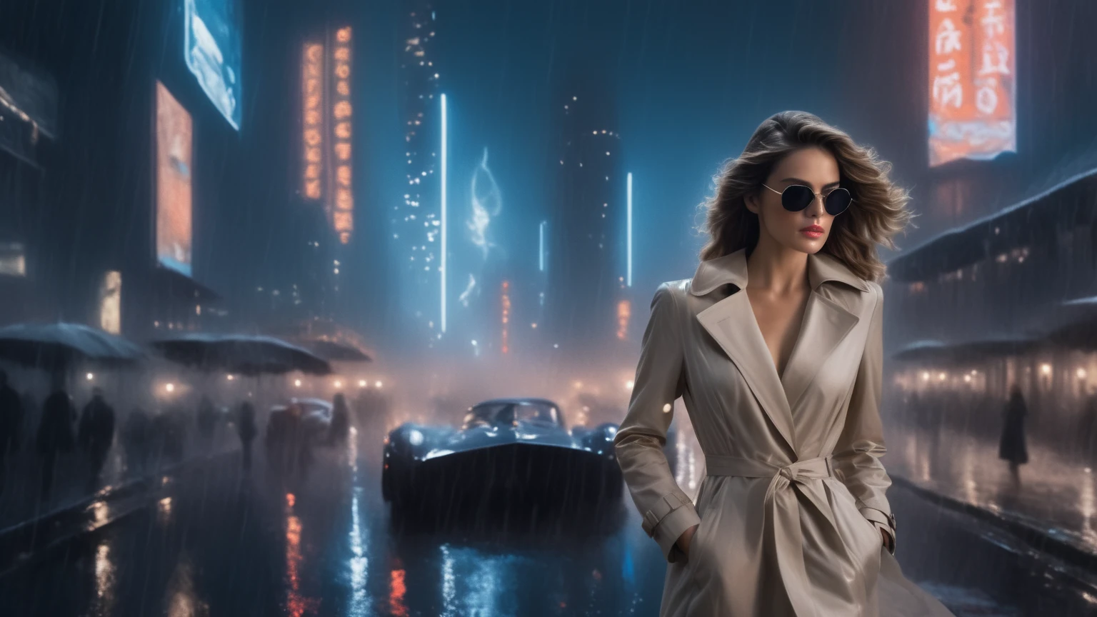 (Hyper-realistic photograph:1.4), Captivating scene under the rain at night on a rooftop, year 1937 cars on street, flying cars, a sexy slim woman, large breast cleavage, with short brown hair, three-quarters view, Black trench coat, (black sunglasses, holding a short gun), with a dark rainy city landscape in background, blue eyes, photography style, (half-body shot:1.3), (contemplative expression:1.2),(well-lit:1.2) Extremely Realistic, serendipity art, (sharp focus:1.3), intricate details, highly detailed, by God himself, original shot, masterpiece, detailed and intricate, Movie Still, guttojugg1