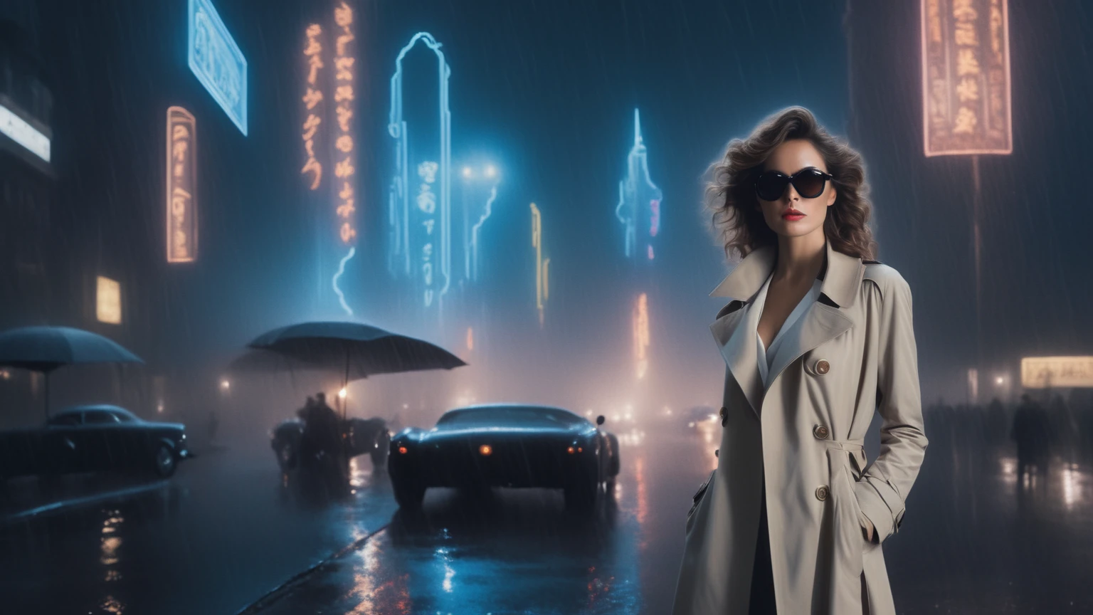 (Hyper-realistic photograph:1.4), Captivating scene under the rain at night on a rooftop, year 1937 cars on street, flying cars, a sexy slim woman, large breast cleavage, with short brown hair, three-quarters view, Black trench coat, (black sunglasses, holding a short gun), with a dark rainy city landscape in background, blue eyes, photography style, (half-body shot:1.3), (contemplative expression:1.2),(well-lit:1.2) Extremely Realistic, serendipity art, (sharp focus:1.3), intricate details, highly detailed, by God himself, original shot, masterpiece, detailed and intricate, Movie Still, guttojugg1