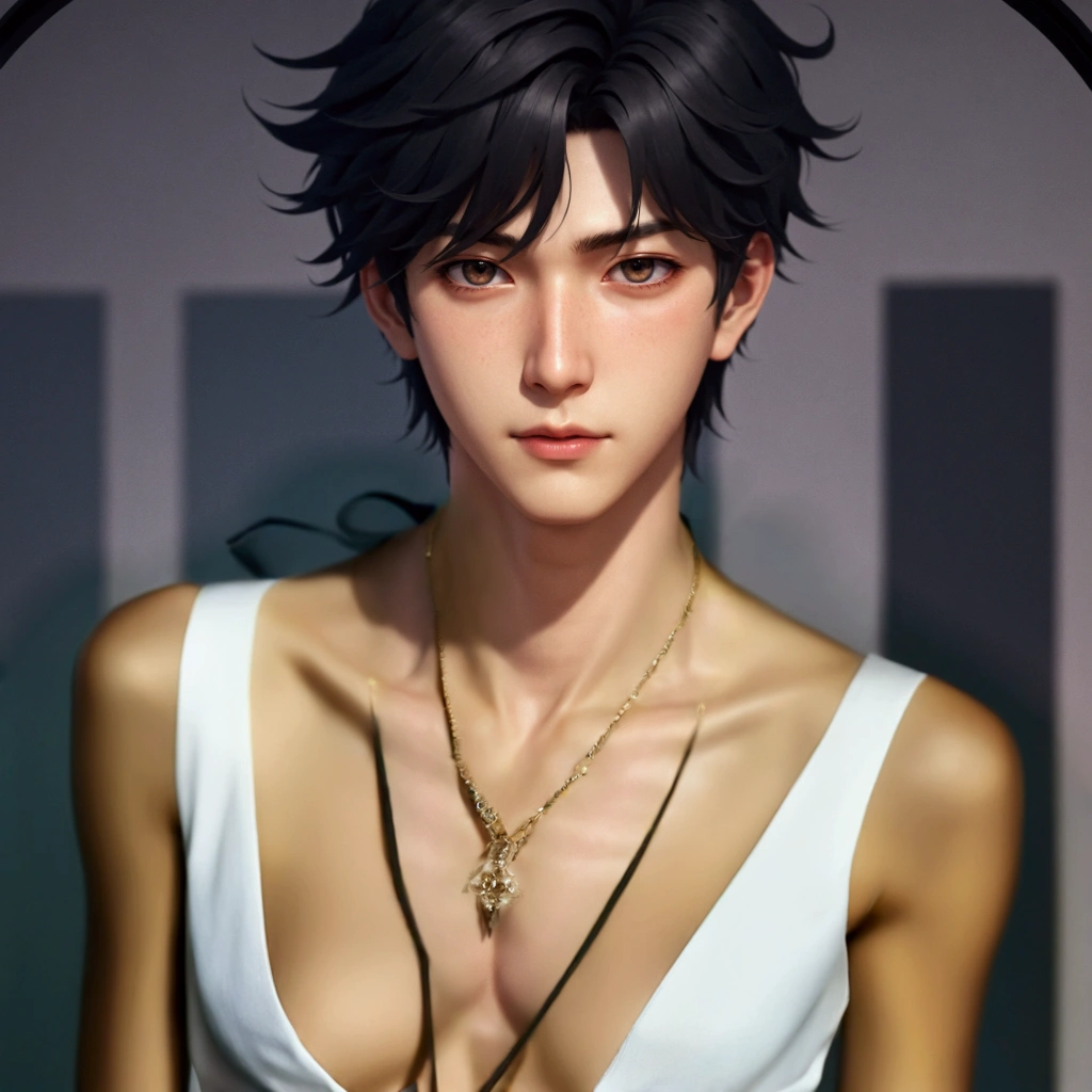 White shirt, visible collar bones, bare chest, 