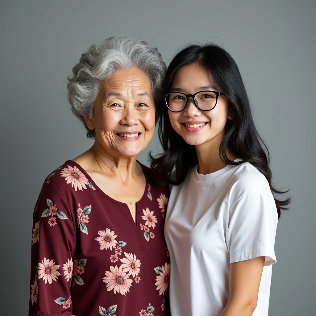 photorealisic portrait taken at studio, family photo shows a grandma of 60-yo, together with her granddaughter of age 19, asian female, they are having different figures: "the grandma has round face with wrinkles, nice  smile, grey short curly hair, wearing traditional burgundy-red floral pattern grandma dress"; "the young lady granddaughter is age of 19, is a post-secondary school student , wears White color school sport t-shirt casual wear, one length black hair, wear black-framed glasses", in flat grey background  