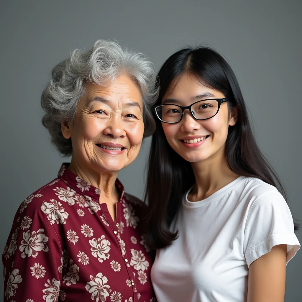 photorealisic portrait taken at studio, family photo shows a grandma of 60-yo, together with her granddaughter of age 19, asian female, they are having different figures: "the grandma has round face with wrinkles, nice smile, grey short curly hair, wearing traditional burgundy-red floral pattern grandma dress"; "the young lady granddaughter is age of 19, is a post-secondary school student , wears White color school sport t-shirt casual wear, one length black hair, wear black-framed glasses", in flat grey background