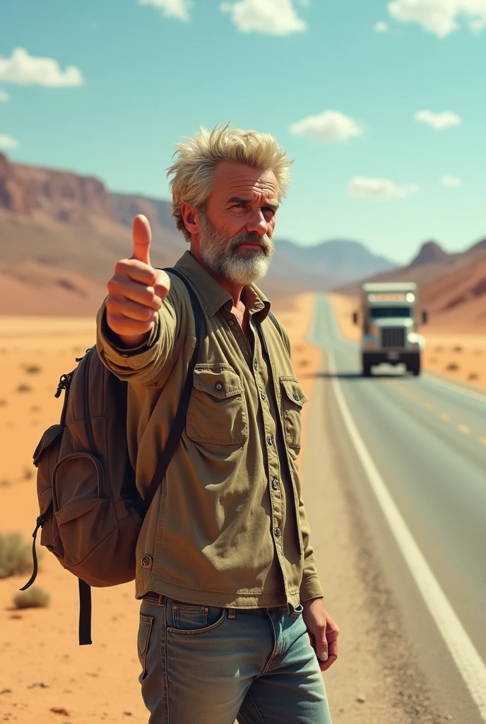 Eduardo Joaquim Reichert from the hitchhiking diaries, hitchhiking on some desert road. Pointing the finger as a characteristic sign of someone who needs to hitchhike on the road. This one has a backpack in front, pointing the thumb. It's late afternoon and the sky is clear,no clouds. A truck is in the background, longe. Ash blonde hair , barba . Using photos from the Facebook page Diarios de Carona as the basis for Edu Bah's characteristics