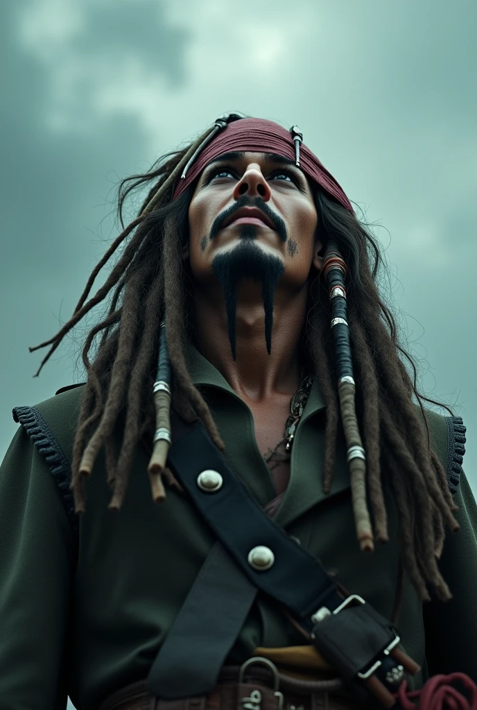 (ultra detaild, 8k, Highly detailed, ultra realistic, fot, fot realistic, High Skin, jack sparrow, , alone, time, waiting, looking at sky